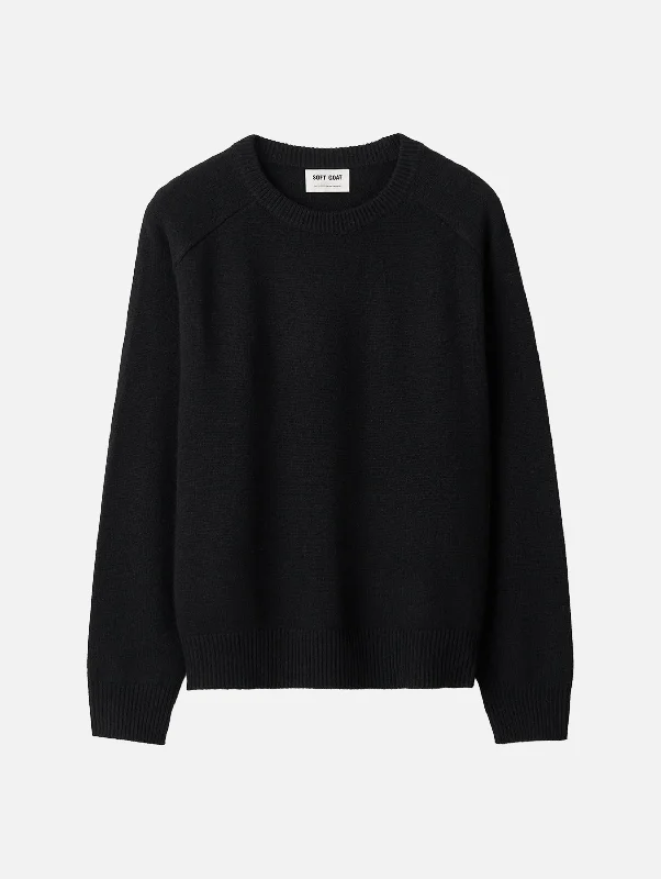 Preppy Style Boyfriend O-Neck Cashmere Sweater in Black